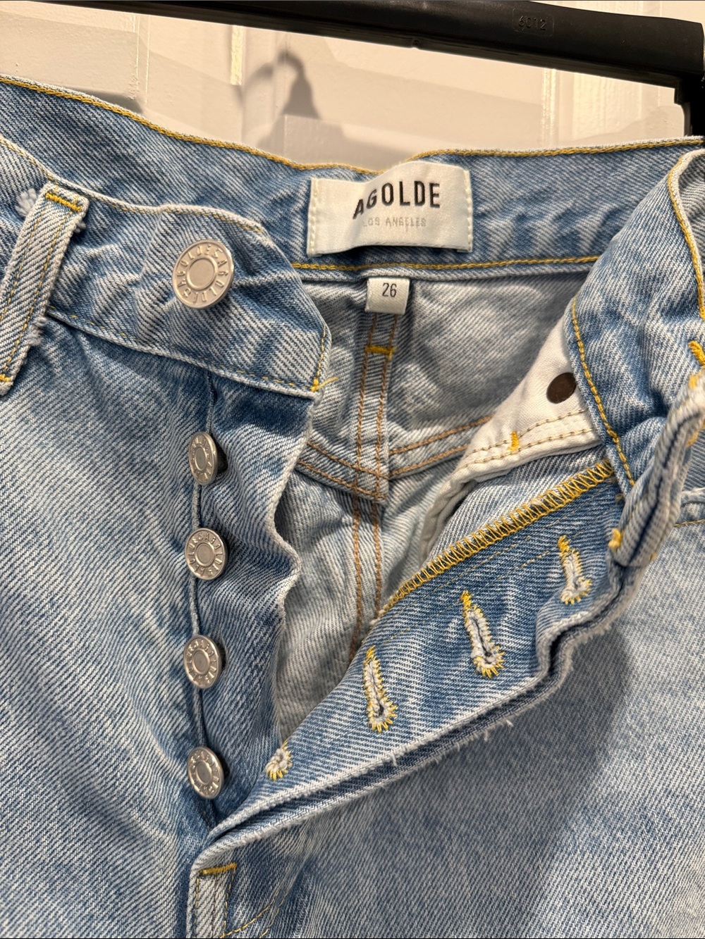Agolde Parker long short Light Blue Distressed Denim Cutoff Shorts 26 - Picture 2 of 6
